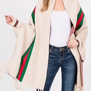 Stripe Accent Sleeve Cape Shawl with Fringe